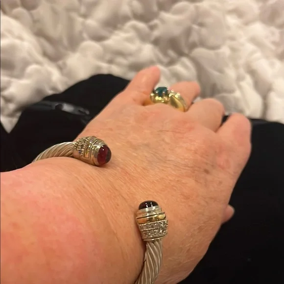 Gold and Silver Cable Bracelet with Red Accents and semiprecious stones